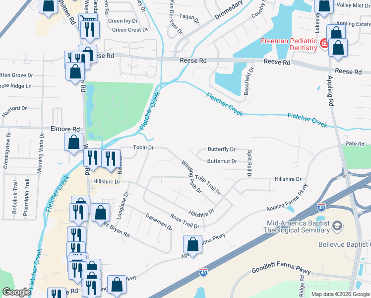map of restaurants, bars, coffee shops, grocery stores, and more near 7075 Butternut Cove in Memphis