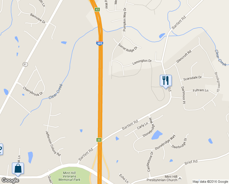 map of restaurants, bars, coffee shops, grocery stores, and more near 8429 Bartlett Road in Mint Hill