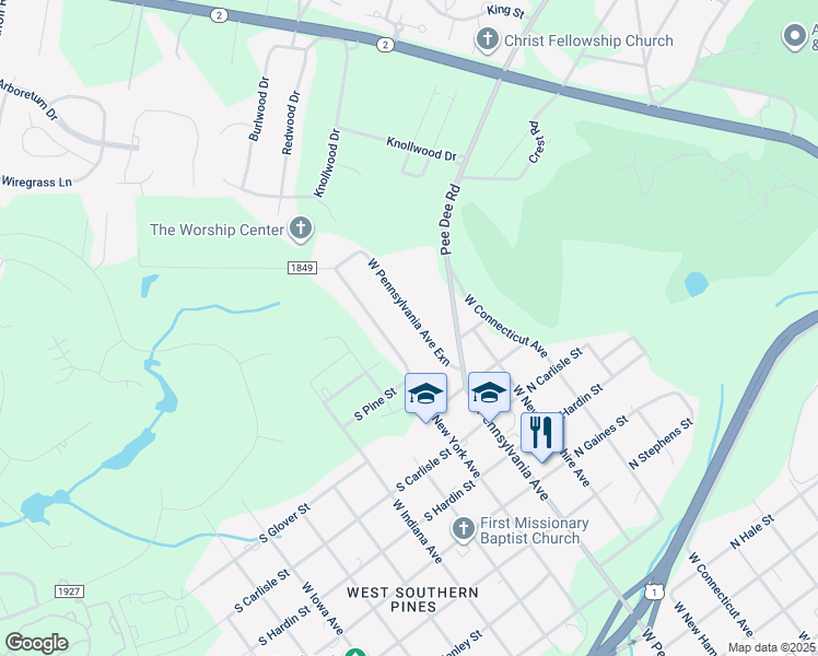 map of restaurants, bars, coffee shops, grocery stores, and more near 1474 West Pennsylvania Avenue in Southern Pines