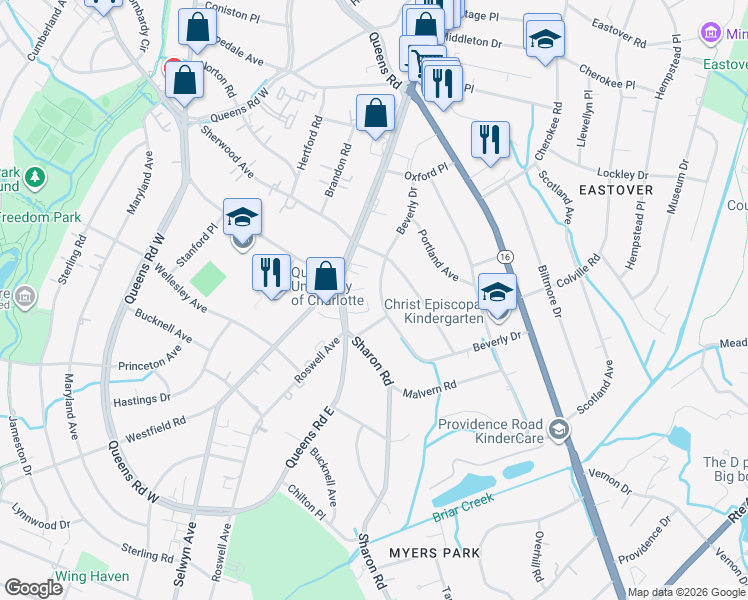 map of restaurants, bars, coffee shops, grocery stores, and more near 1910 Beverly Drive in Charlotte