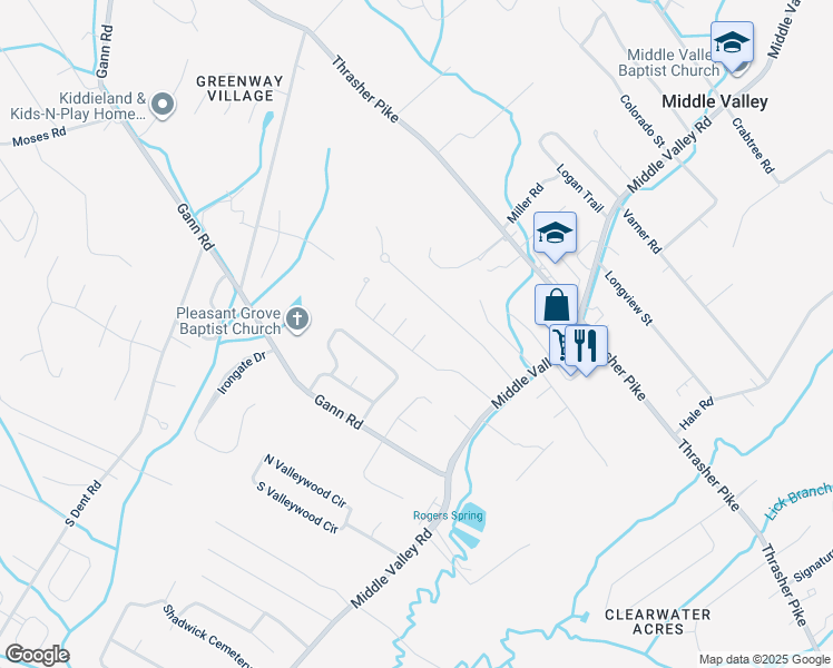 map of restaurants, bars, coffee shops, grocery stores, and more near 7623 Wynhill Lane in Middle Valley