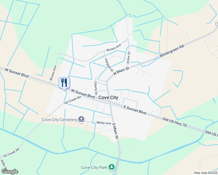 map of restaurants, bars, coffee shops, grocery stores, and more near 204 North Main Street in Cove City