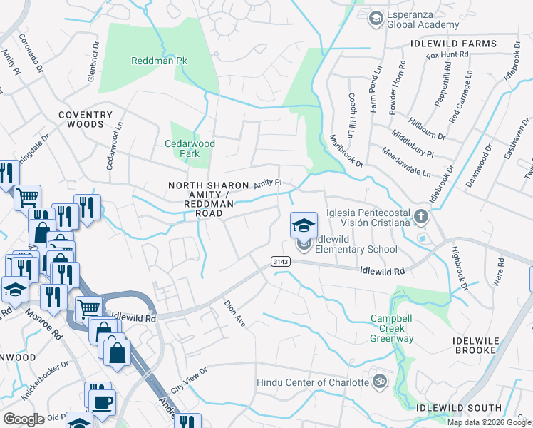 map of restaurants, bars, coffee shops, grocery stores, and more near 6728 Cedar Springs Road in Charlotte