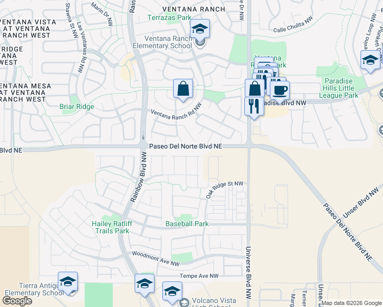 map of restaurants, bars, coffee shops, grocery stores, and more near 6931 Silver Moon Road in Albuquerque