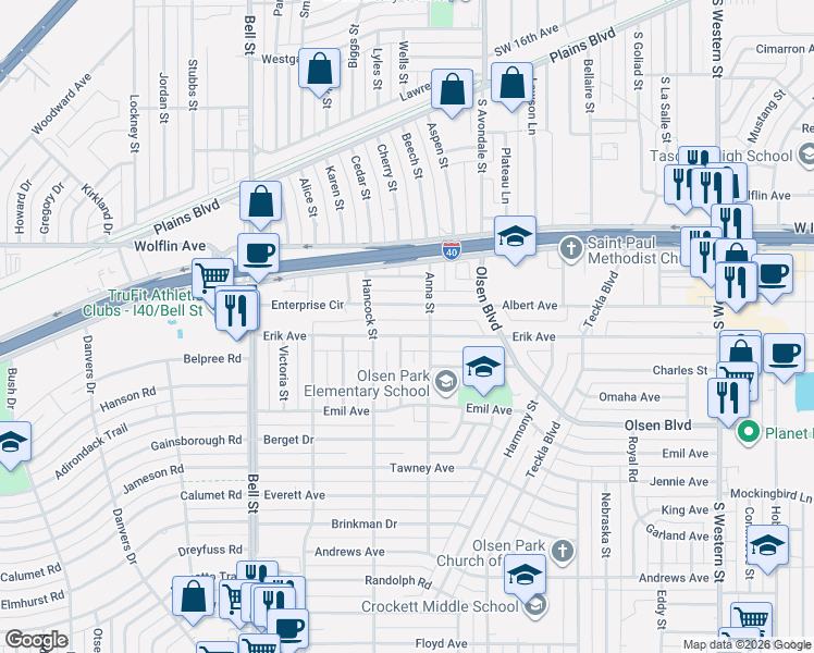 map of restaurants, bars, coffee shops, grocery stores, and more near 5308 Erik Avenue in Amarillo