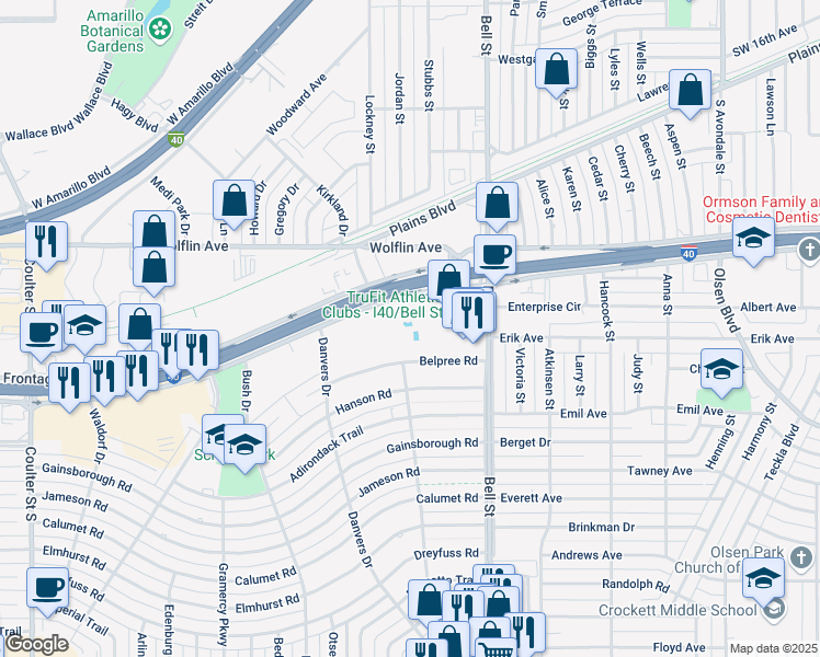 map of restaurants, bars, coffee shops, grocery stores, and more near 6040 Belpree Road in Amarillo