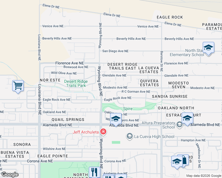 map of restaurants, bars, coffee shops, grocery stores, and more near 9037 Walter Bambrook Place Northeast in Albuquerque