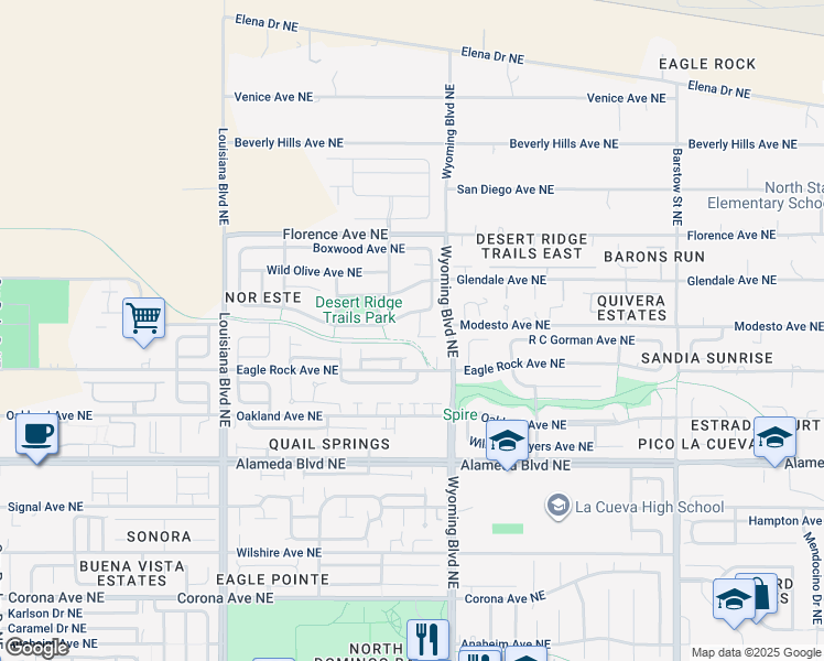 map of restaurants, bars, coffee shops, grocery stores, and more near 9001 Pinon Vista Court Northeast in Albuquerque