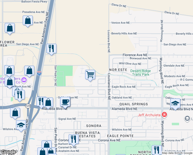 map of restaurants, bars, coffee shops, grocery stores, and more near 6901 Schist Avenue Northeast in Albuquerque