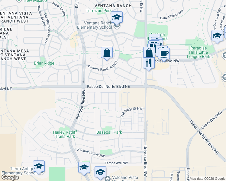 map of restaurants, bars, coffee shops, grocery stores, and more near 6931 Silver Moon Road in Albuquerque