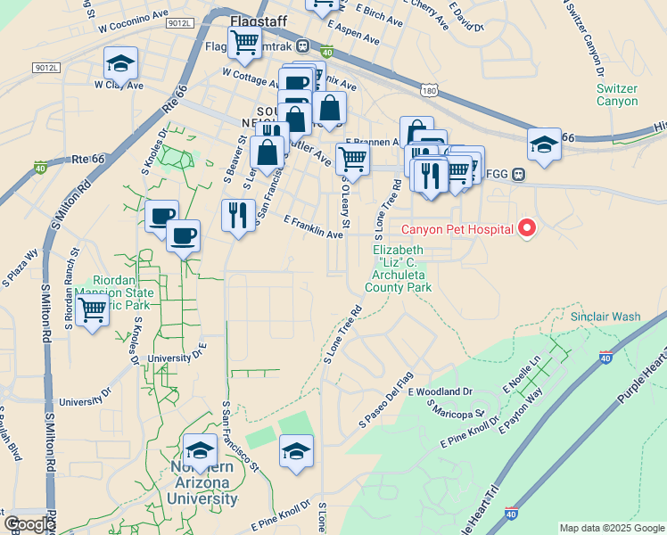 map of restaurants, bars, coffee shops, grocery stores, and more near 631 South Fountaine Street in Flagstaff
