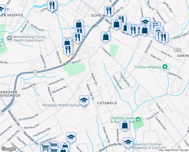 map of restaurants, bars, coffee shops, grocery stores, and more near in Charlotte