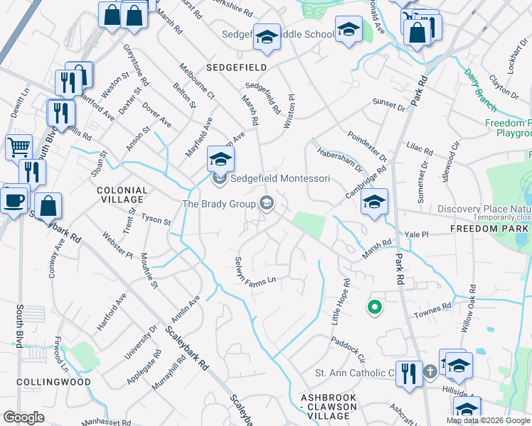 map of restaurants, bars, coffee shops, grocery stores, and more near 3204 Selwyn Farms Lane in Charlotte