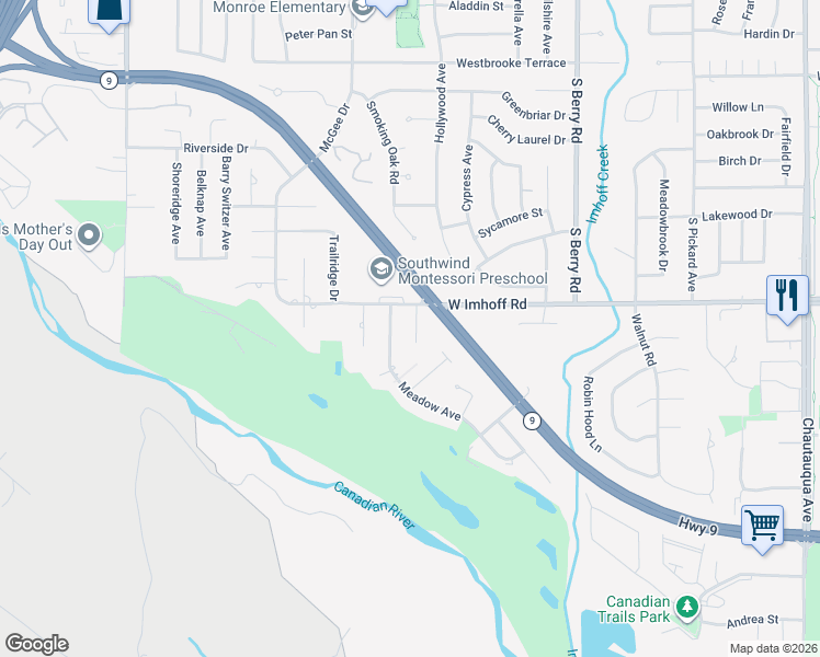 map of restaurants, bars, coffee shops, grocery stores, and more near 2816 Raintree Circle in Norman