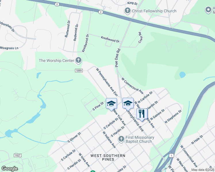 map of restaurants, bars, coffee shops, grocery stores, and more near 1474 West Pennsylvania Avenue in Southern Pines