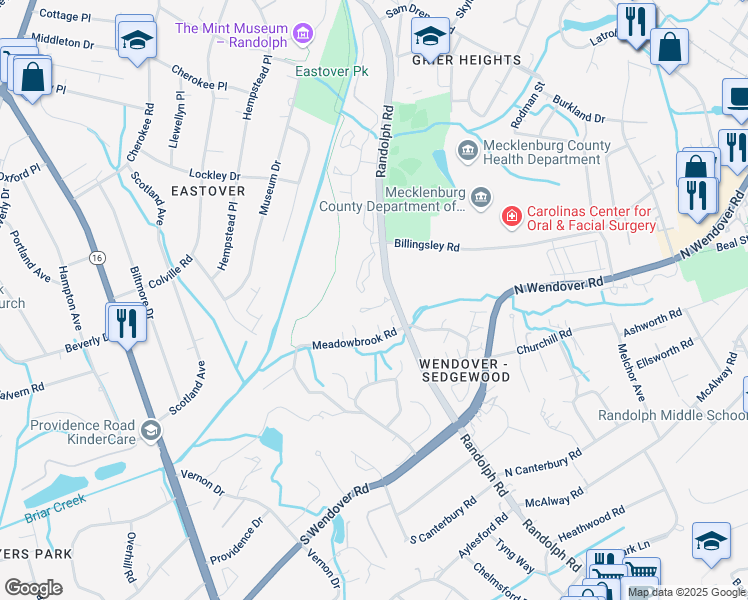 map of restaurants, bars, coffee shops, grocery stores, and more near 3610 Randolph Road in Charlotte