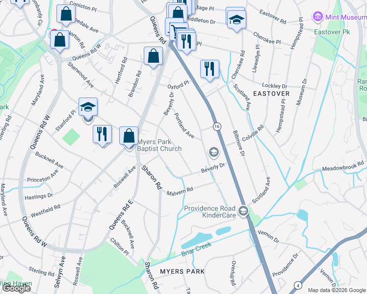 map of restaurants, bars, coffee shops, grocery stores, and more near 2619 Sherwood Avenue in Charlotte