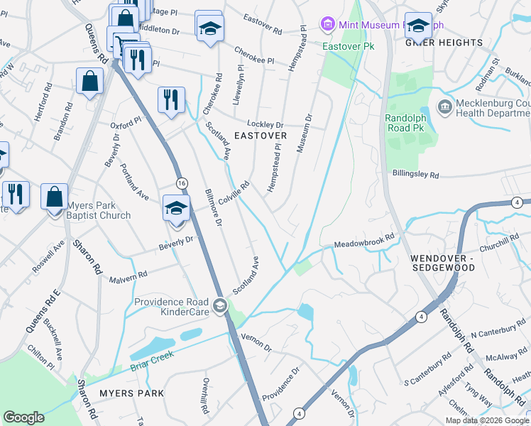 map of restaurants, bars, coffee shops, grocery stores, and more near 1510 Twiford Place in Charlotte