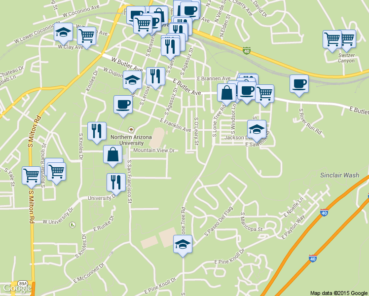 map of restaurants, bars, coffee shops, grocery stores, and more near 631 South Fountaine Street in Flagstaff