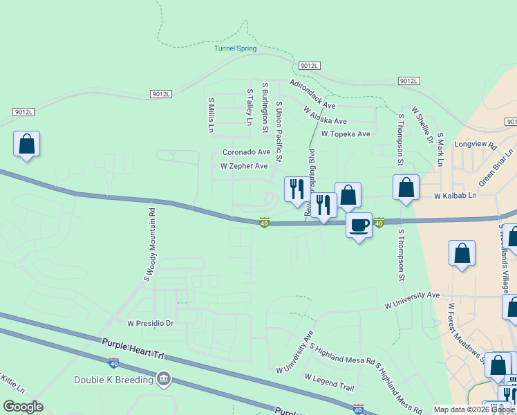 map of restaurants, bars, coffee shops, grocery stores, and more near 2506 West Cripple Creek Drive in Flagstaff