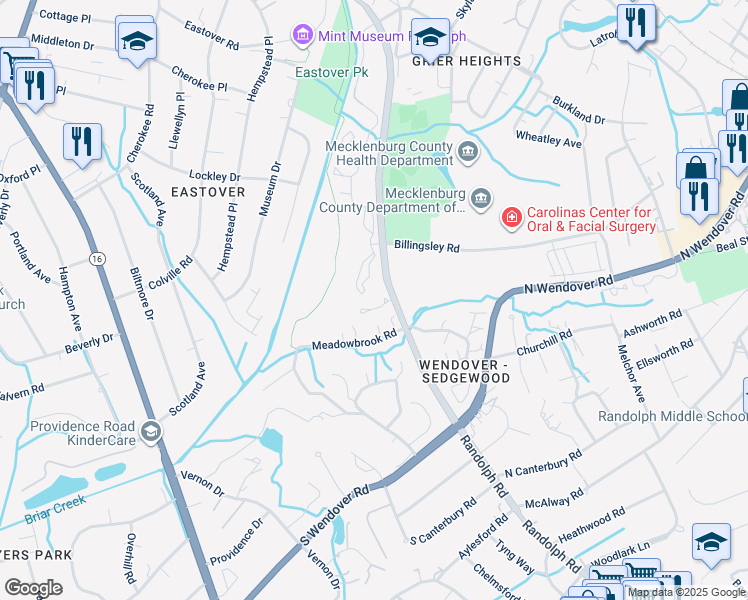 map of restaurants, bars, coffee shops, grocery stores, and more near 3610 Randolph Road in Charlotte