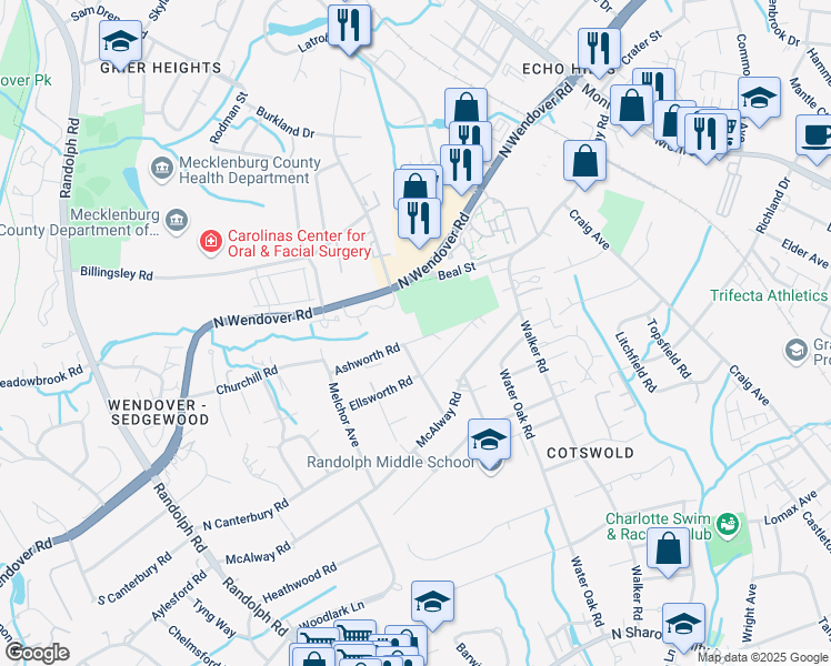 map of restaurants, bars, coffee shops, grocery stores, and more near 611 Ashworth Road in Charlotte