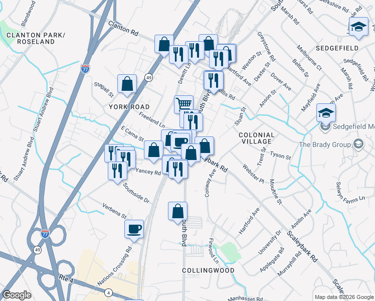 map of restaurants, bars, coffee shops, grocery stores, and more near in Charlotte