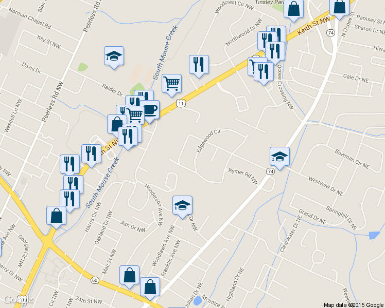 map of restaurants, bars, coffee shops, grocery stores, and more near 3445 Edgewood Circle Northwest in Cleveland