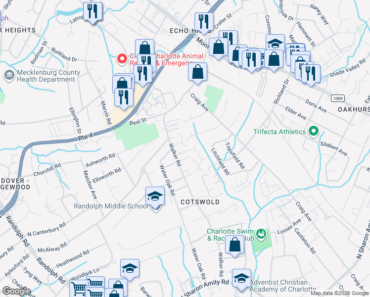map of restaurants, bars, coffee shops, grocery stores, and more near 932 Hollywood Street in Charlotte