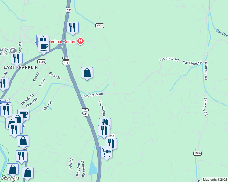 map of restaurants, bars, coffee shops, grocery stores, and more near 232 Cat Creek Road in Franklin