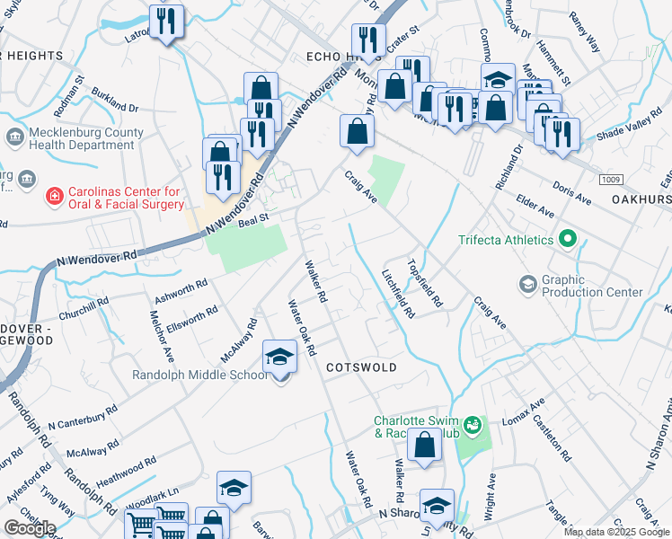 map of restaurants, bars, coffee shops, grocery stores, and more near 932 Hollywood Street in Charlotte