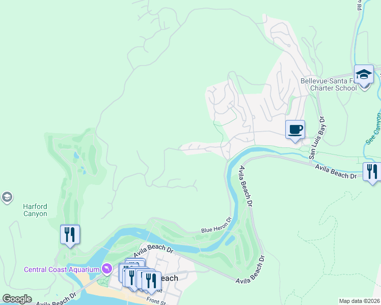 map of restaurants, bars, coffee shops, grocery stores, and more near 2555 Lupine Canyon Road in Avila Beach