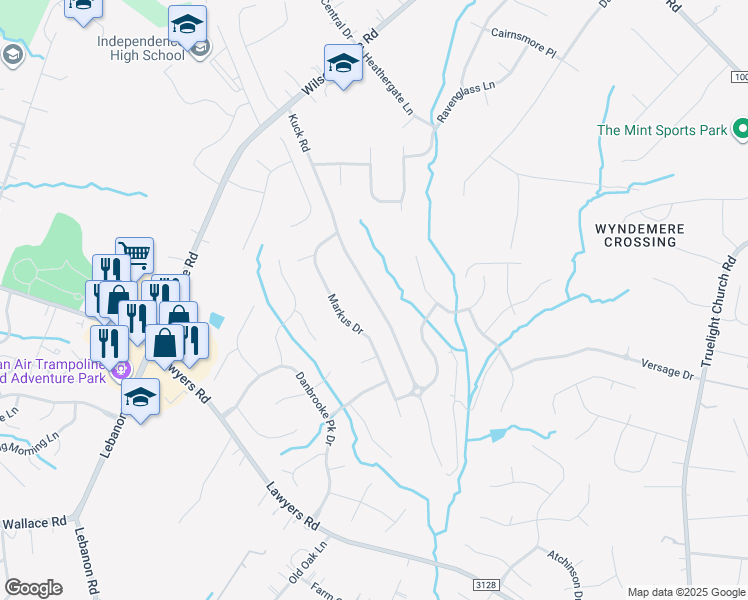 map of restaurants, bars, coffee shops, grocery stores, and more near 7433 Kuck Road in Mint Hill