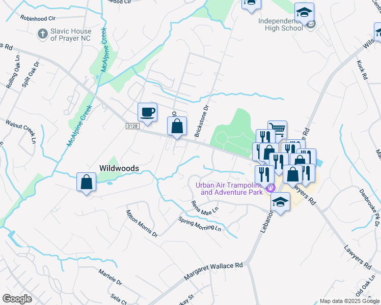 map of restaurants, bars, coffee shops, grocery stores, and more near 8700 Lawyers Road in Charlotte