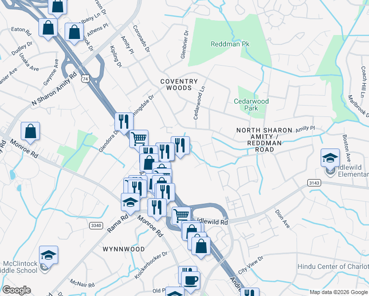 map of restaurants, bars, coffee shops, grocery stores, and more near 1630 Joseph Hewes Court in Charlotte
