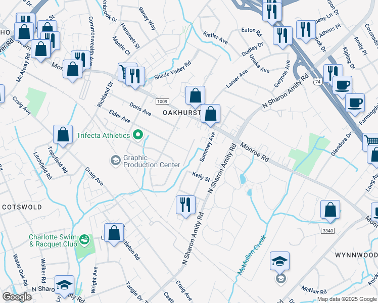 map of restaurants, bars, coffee shops, grocery stores, and more near 5148 Elder Avenue in Charlotte