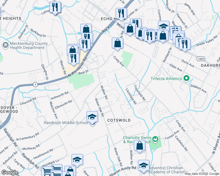 map of restaurants, bars, coffee shops, grocery stores, and more near in Charlotte