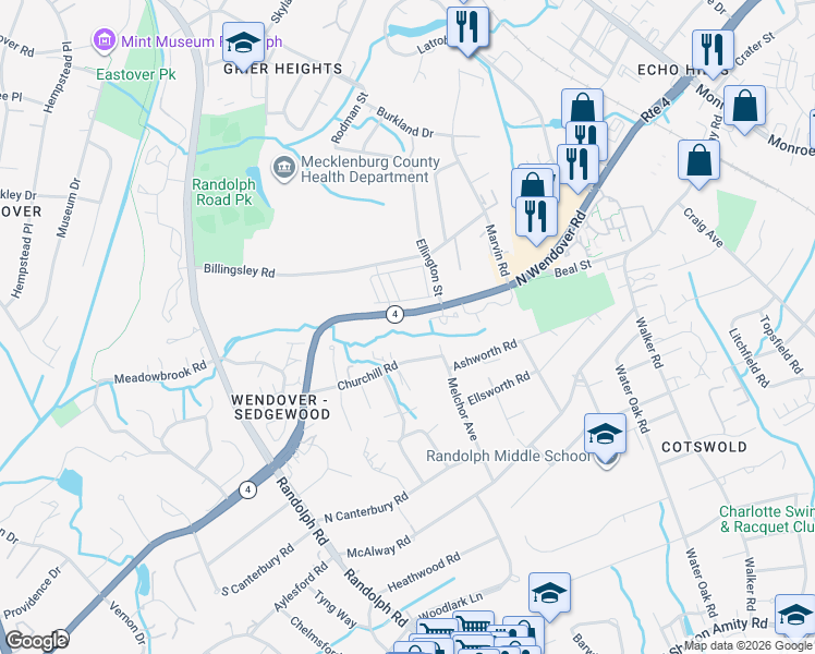 map of restaurants, bars, coffee shops, grocery stores, and more near in Charlotte