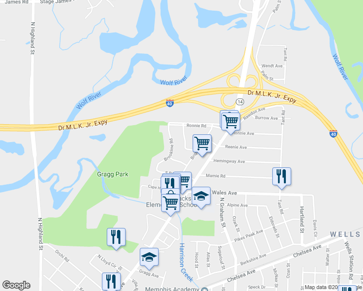 map of restaurants, bars, coffee shops, grocery stores, and more near 3870 Charleston Road in Memphis