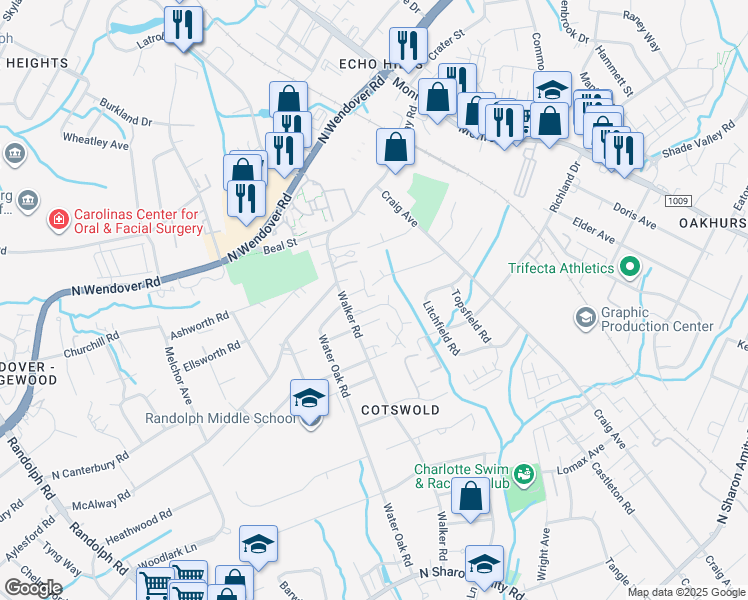 map of restaurants, bars, coffee shops, grocery stores, and more near 932 Hollywood Street in Charlotte