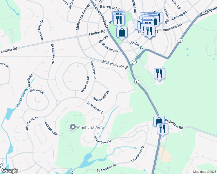 map of restaurants, bars, coffee shops, grocery stores, and more near 45 Briarwood Circle in Pinehurst