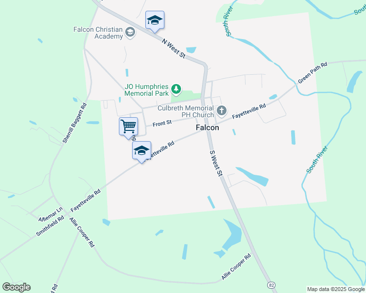 map of restaurants, bars, coffee shops, grocery stores, and more near 8328 Fayetteville Road in Falcon