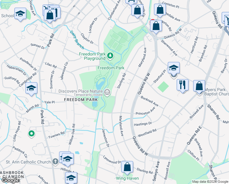 map of restaurants, bars, coffee shops, grocery stores, and more near 1648 Sterling Road in Charlotte