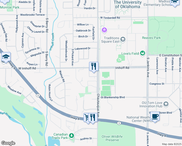 map of restaurants, bars, coffee shops, grocery stores, and more near 750 West Imhoff Road in Norman