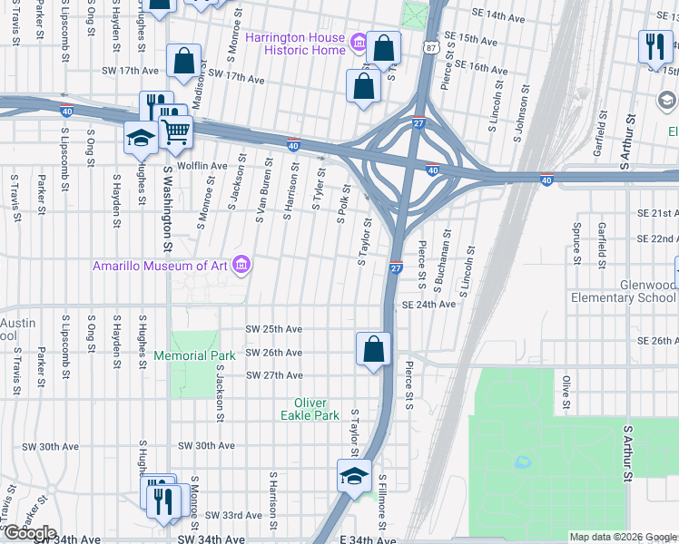 map of restaurants, bars, coffee shops, grocery stores, and more near 2209 South Polk Street in Amarillo