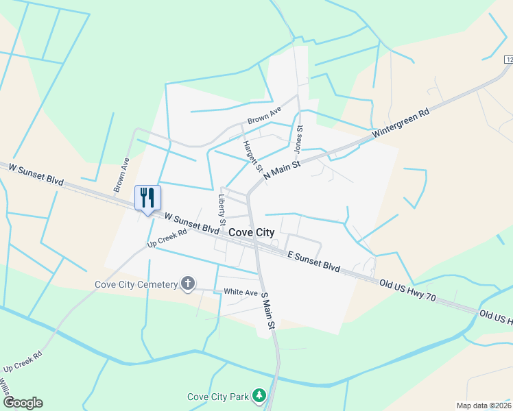 map of restaurants, bars, coffee shops, grocery stores, and more near 204 North Main Street in Cove City