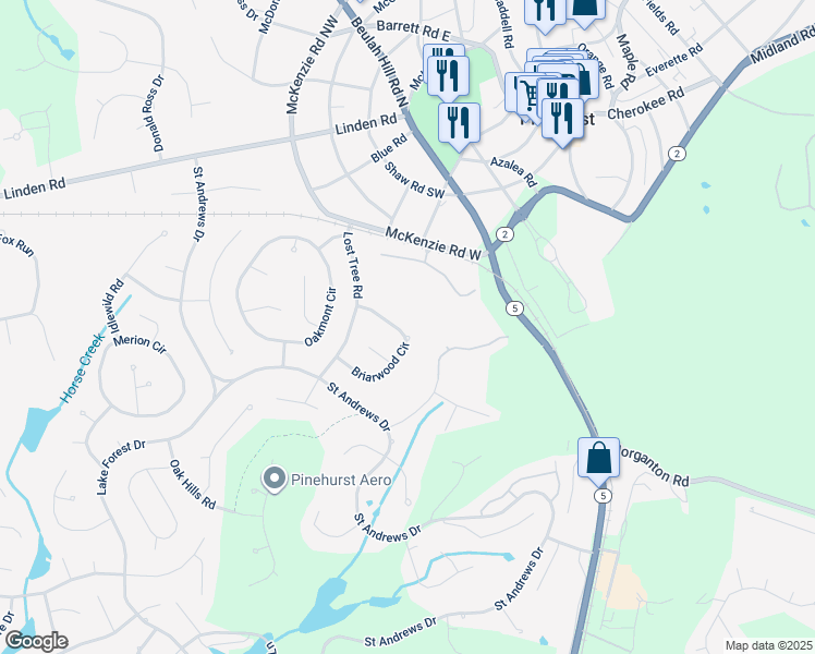 map of restaurants, bars, coffee shops, grocery stores, and more near 45 Briarwood Circle in Pinehurst