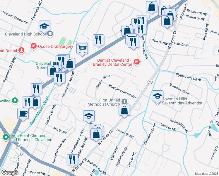 map of restaurants, bars, coffee shops, grocery stores, and more near 3205 Edgewood Circle in Cleveland