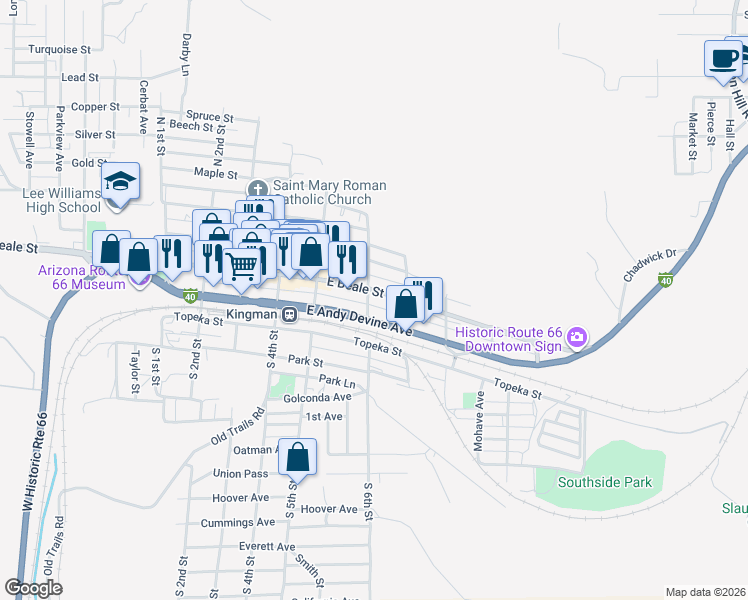 map of restaurants, bars, coffee shops, grocery stores, and more near 525-599 E Andy Devine Ave in Kingman