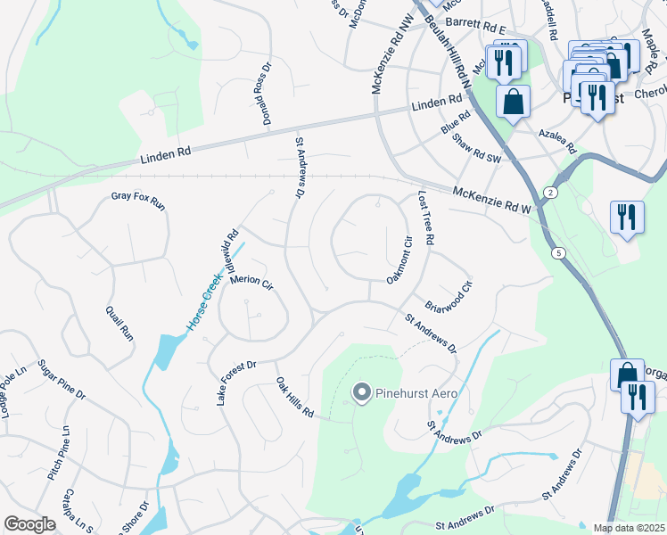 map of restaurants, bars, coffee shops, grocery stores, and more near 210 Oakmont Circle in Pinehurst
